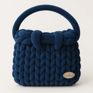 Borsa Artigianale in Velluto Blu Intrecciato con Manico Rinforzato