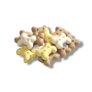 Biscotti premio per cane a forma di osso in diversi colori, snack croccanti e gustosi.