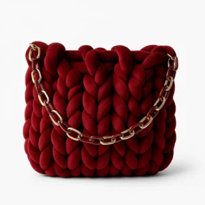 Borsa a mano artigianale rossa intrecciata con catena dorata, realizzata a mano.