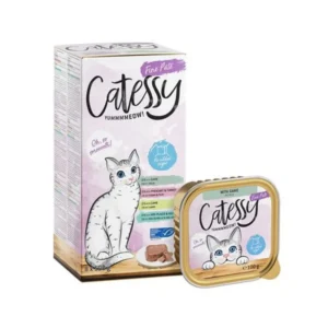 Scatola multipack e vaschetta Catessy paté per gatti, alimento umido completo e gustoso.