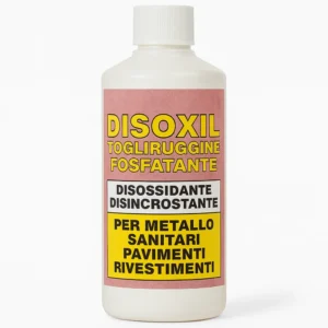 Flacone di Disoxil Togliruggine Fosfatante da 1 litro su sfondo bianco
