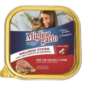 Confezione di Miglior Gatto Wellness System Paté con Manzo e Cuore – cibo umido completo ed equilibrato per gatti adulti.