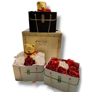 Scatola Regalo Deluxe con orsetto dorato e rose rosse e bianche in borse decorative
